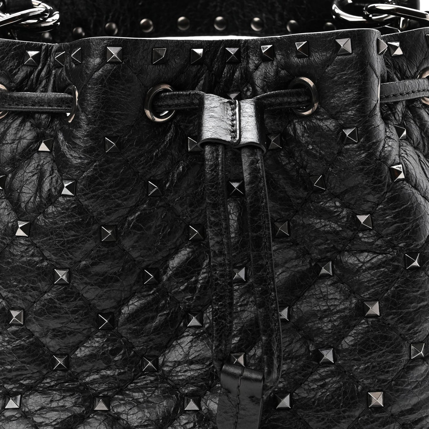 Craquele Nappa Small Rockstud Spike Bucket Bag Black