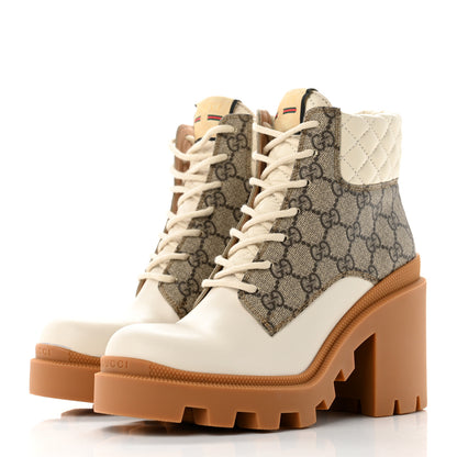 Gucci Calfskin GG Supreme Monogram Nappa Quilted Lace Up Ankle Boots 38 Mystic White Beige 3 of 10