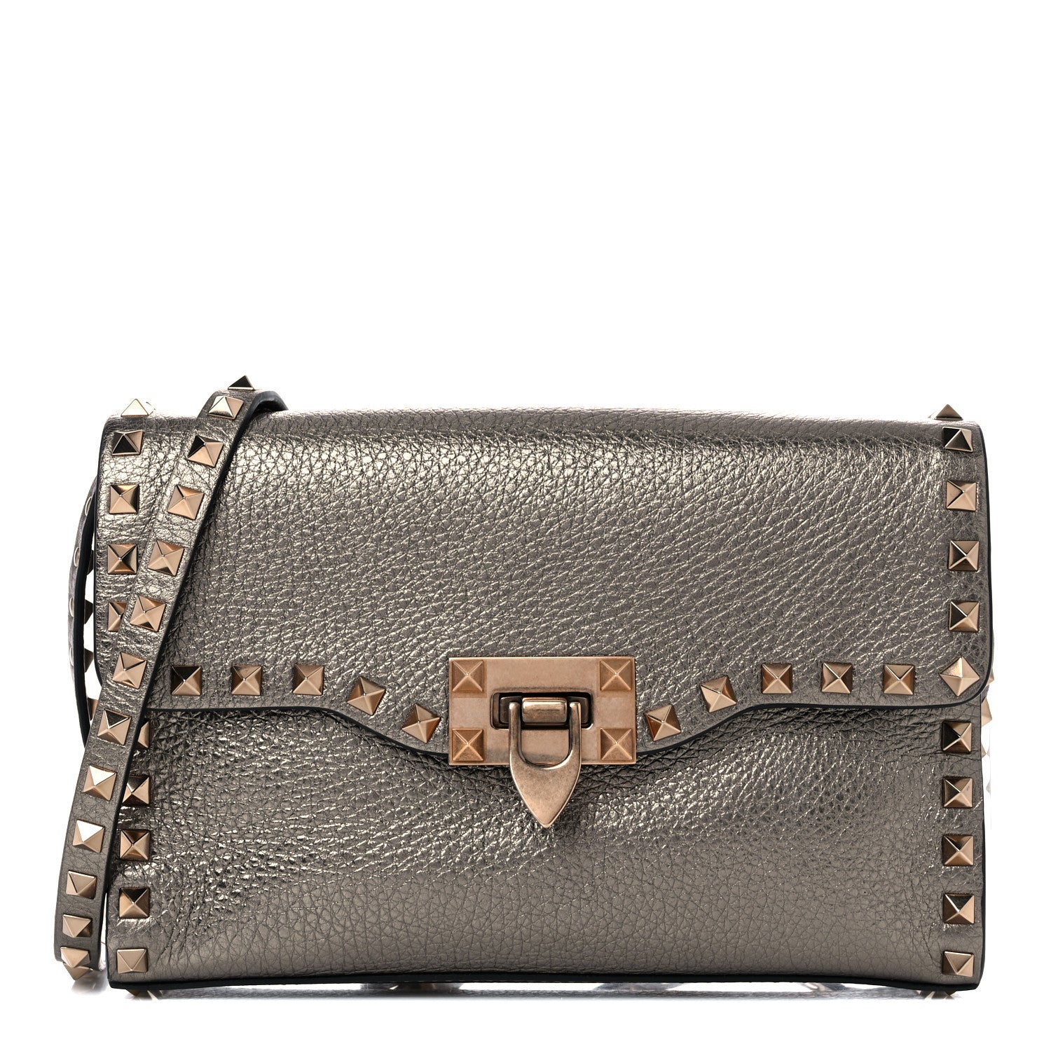 Valentino Garavani Metallic Pebbled Calfskin Medium Rockstud Flip Lock Crossbody Bag Sasso 1 of 10