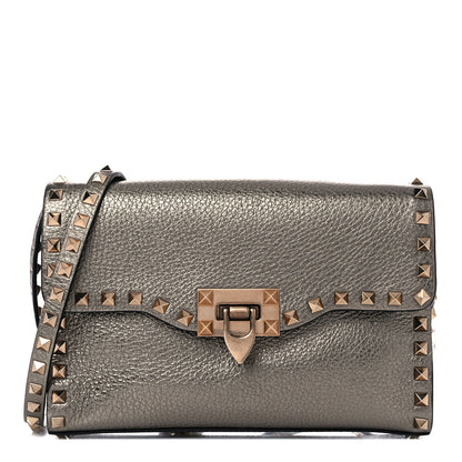 Valentino Garavani Metallic Pebbled Calfskin Medium Rockstud Flip Lock Crossbody Bag Sasso 1 of 10