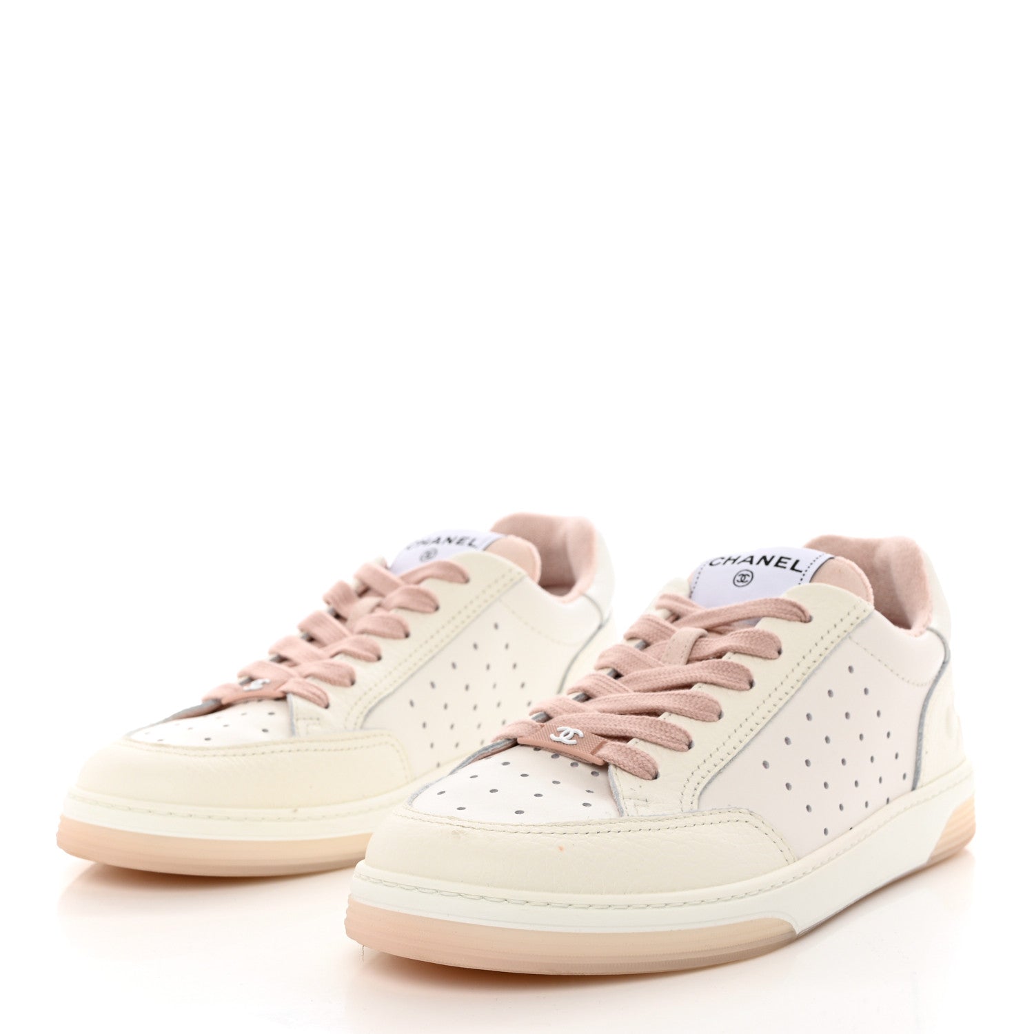 Chanel Grained Calfskin Fabric Womens Logo Sneakers 40 White Light Pink 3 of 10