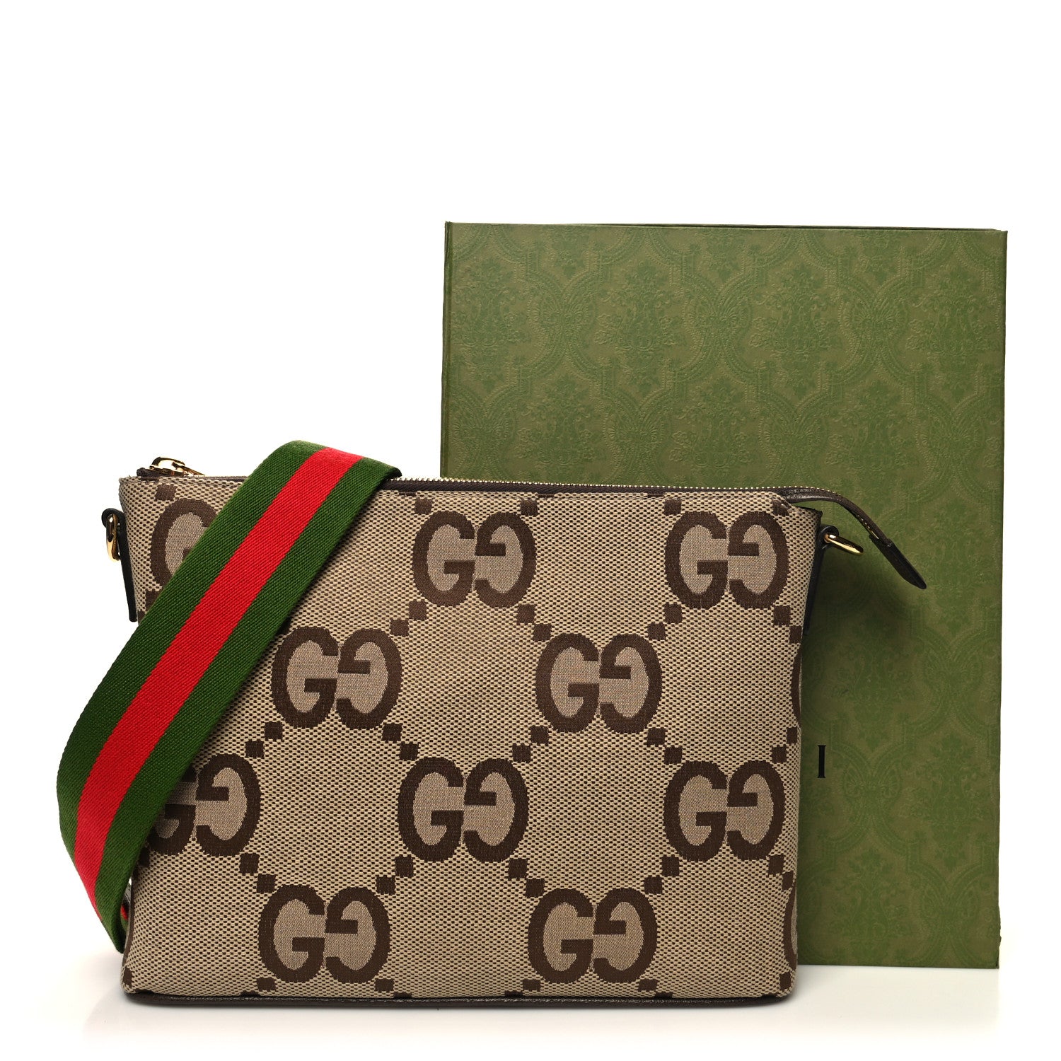 Gucci Monogram Jumbo GG Textured Dollar Calfskin Web Wristlet Messenger Bag Camel Ebony New Acero 11 of 11
