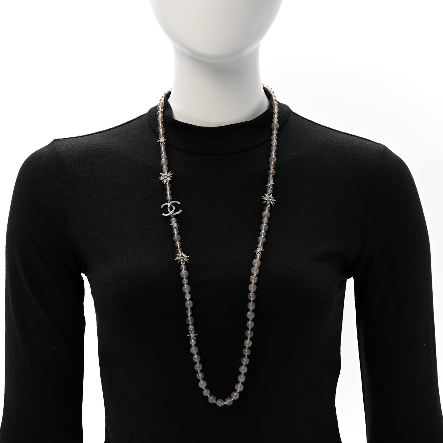 Crystal Beaded Star CC Long Necklace Silver