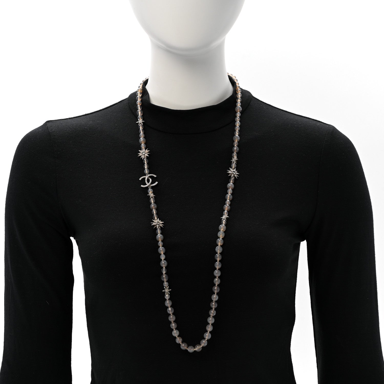 Chanel Crystal Beaded Star CC Long Necklace Silver 2 of 6