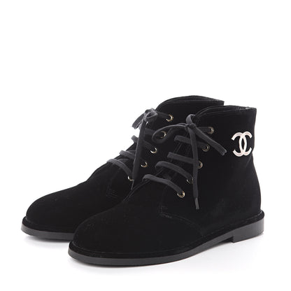 Chanel Velvet CC Lace Up Boots 41 Black 3 of 7