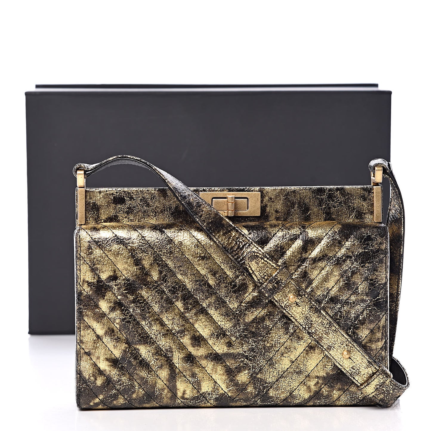 Metallic Crumpled Goatskin Chevron Quilted Reissue Clutch Bag Black Gold