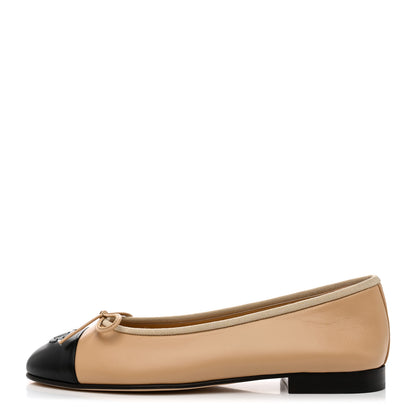 Chanel Lambskin Cap Toe CC Ballerina Flats 37.5 Beige Black 1 of 9
