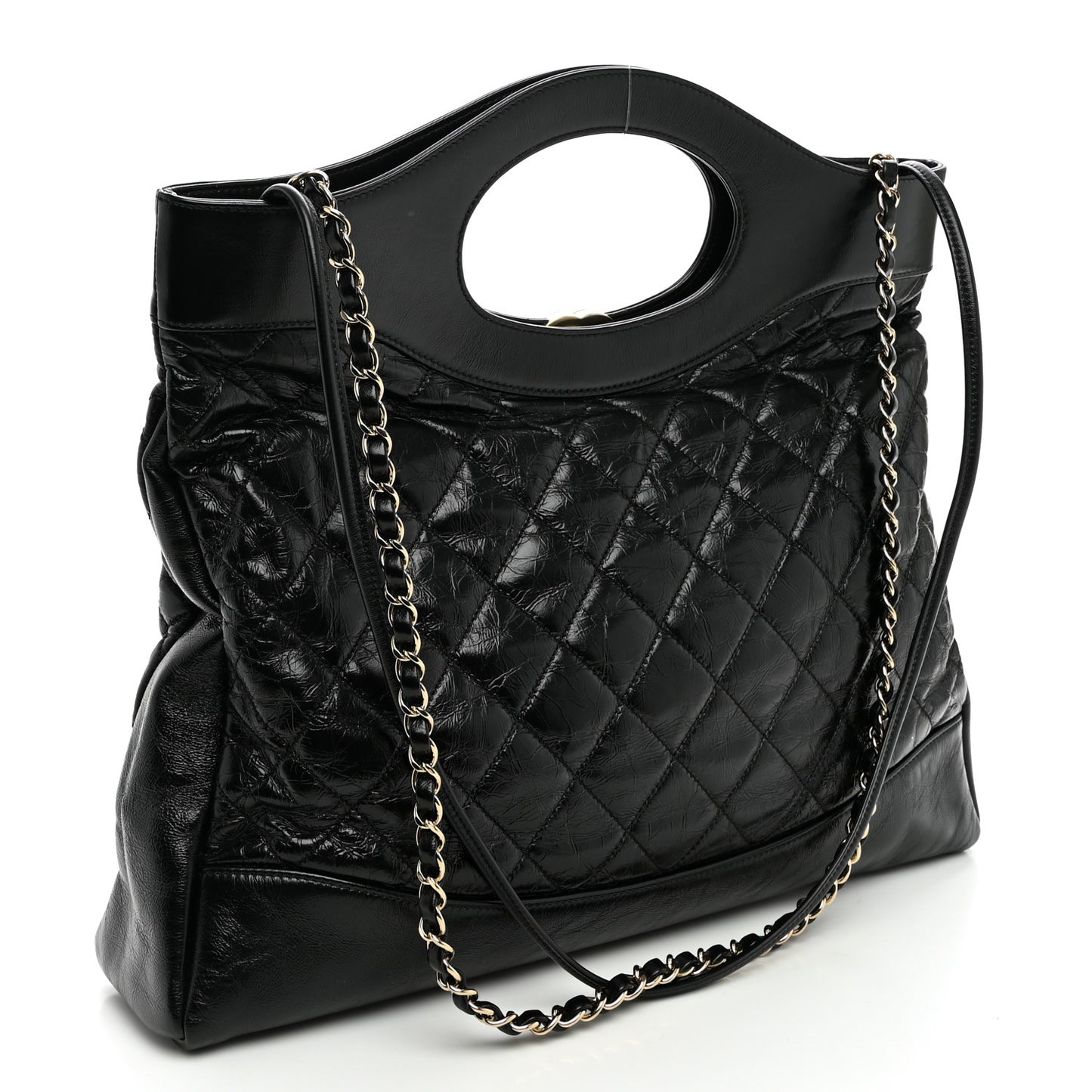 Shiny Aged Calfskin Quilted Large 31 Shopping Bag Black