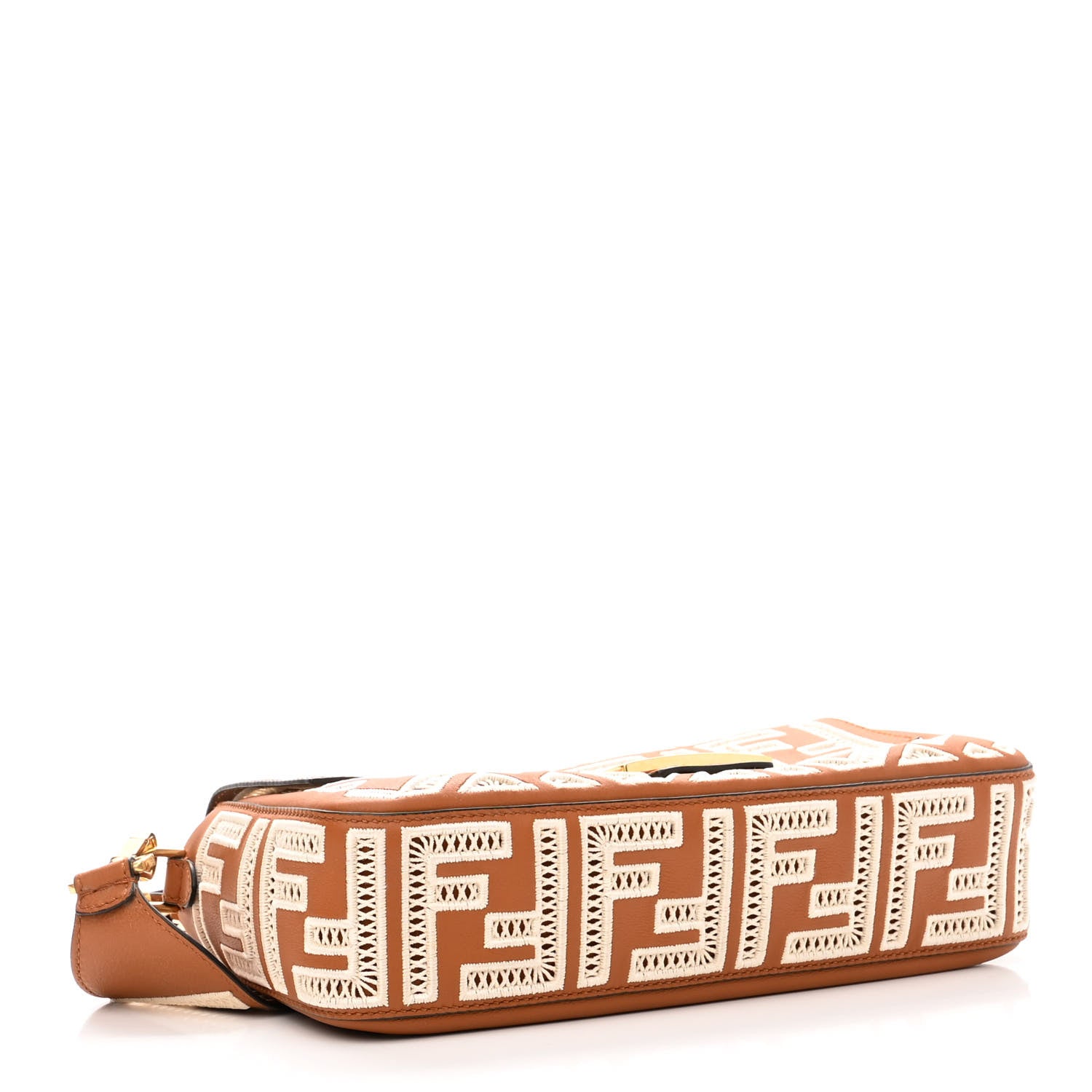 Fendi Vitello Seta FF Ajour Embroidered Baguette Brandy 3 of 8