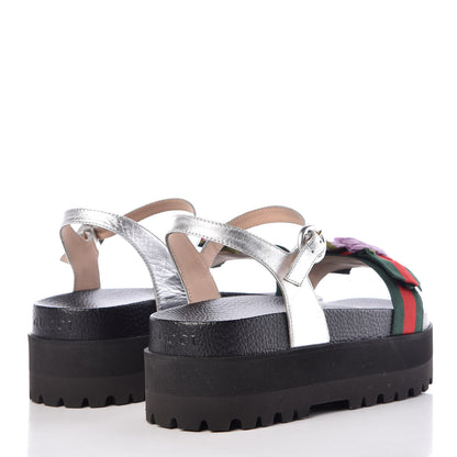 Gucci Metallic Calfskin Web Platform Sandal 38.5 Black 4 of 7