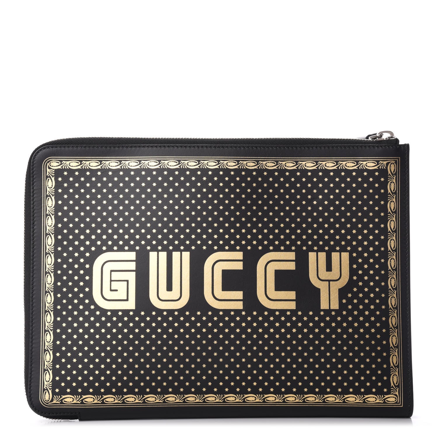 Gucci X SEGA Calfskin GUCCY Stars Zip Clutch Bag Black Gold 1 of 8