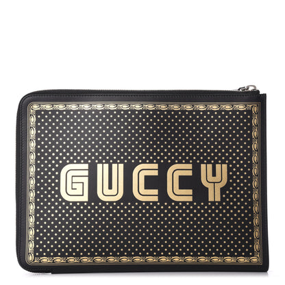 Gucci X SEGA Calfskin GUCCY Stars Zip Clutch Bag Black Gold 1 of 8