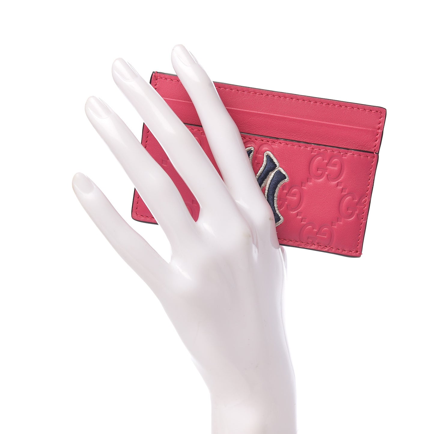X MLB Guccissima Signature NY Yankees Embroidered Card Holder Box Pink Blue Ivory