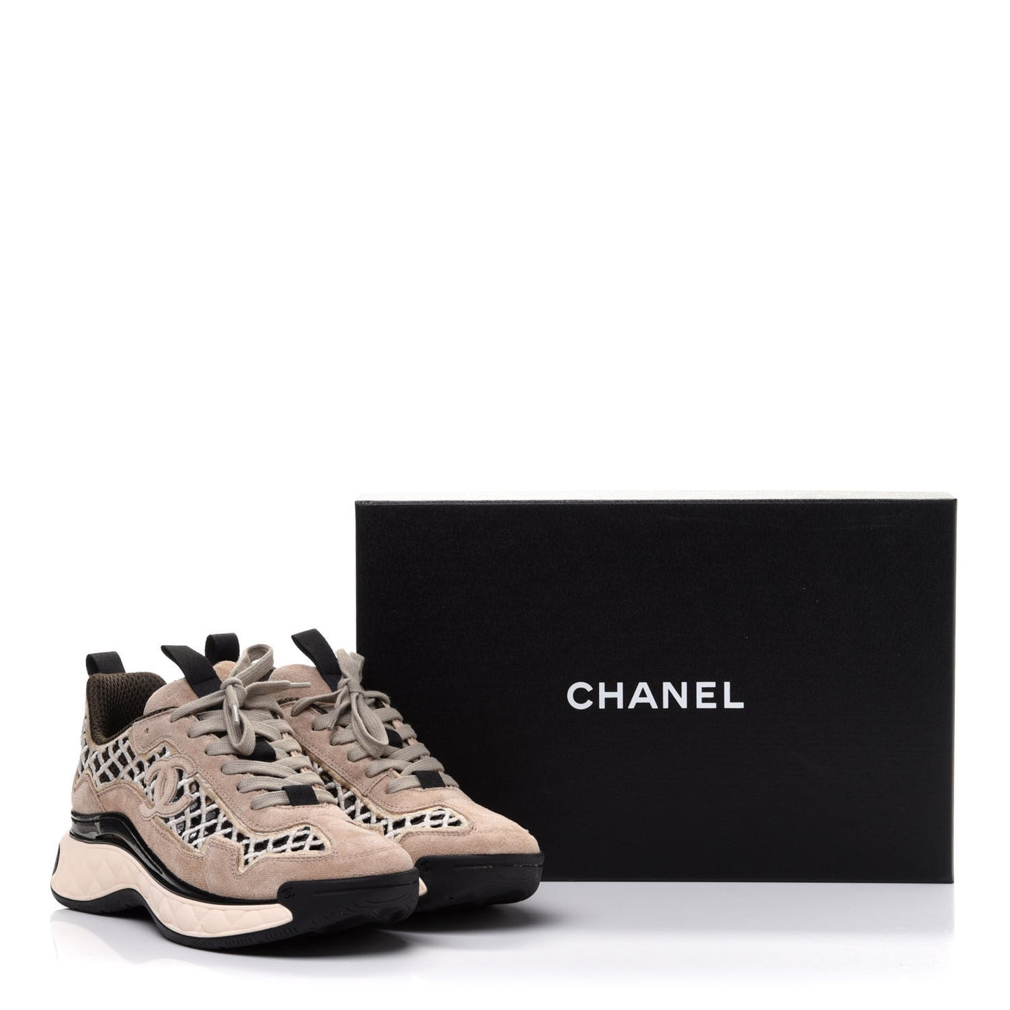 Suede Calfskin Embroidered CC Sneakers 38 Beige Black