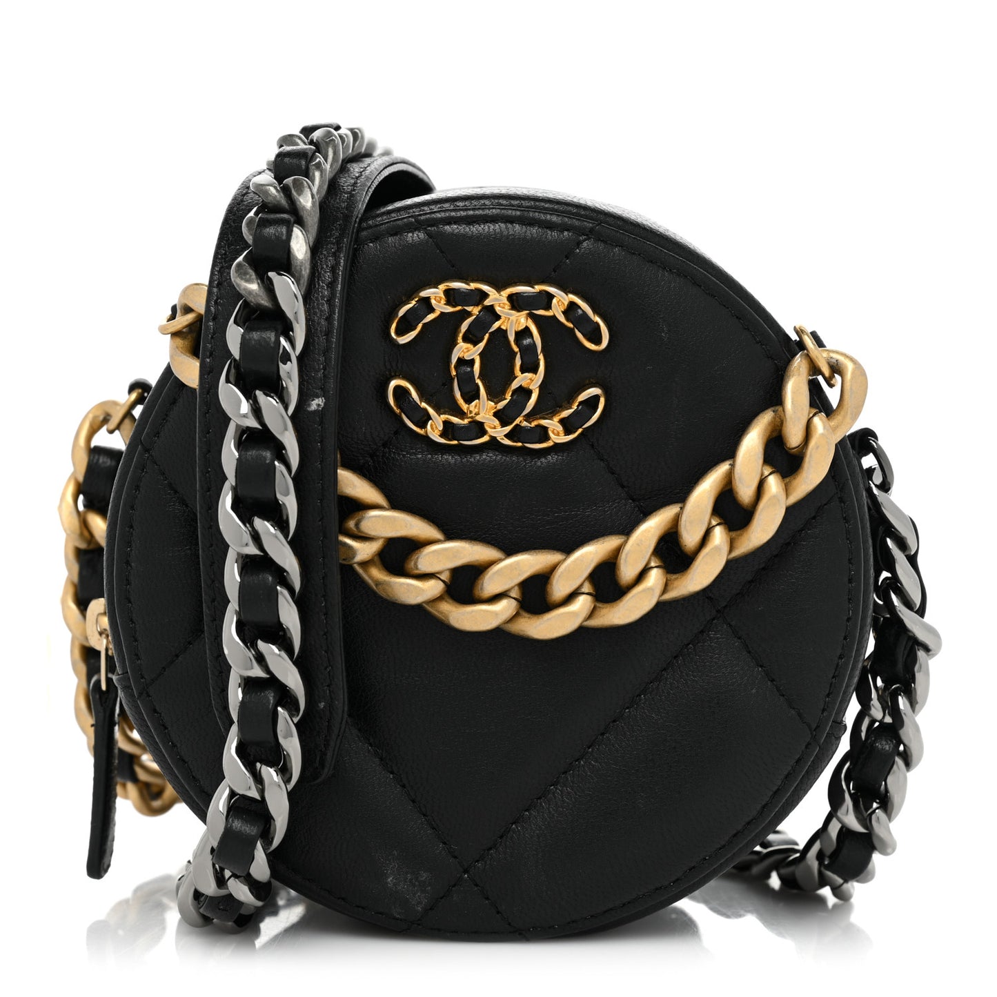 Lambskin Quilted Chanel 19 Round Clutch With Chain Black