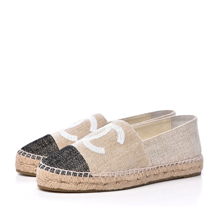 Chanel Linen Sequin CC Espadrilles 37 Beige Black 3 of 11