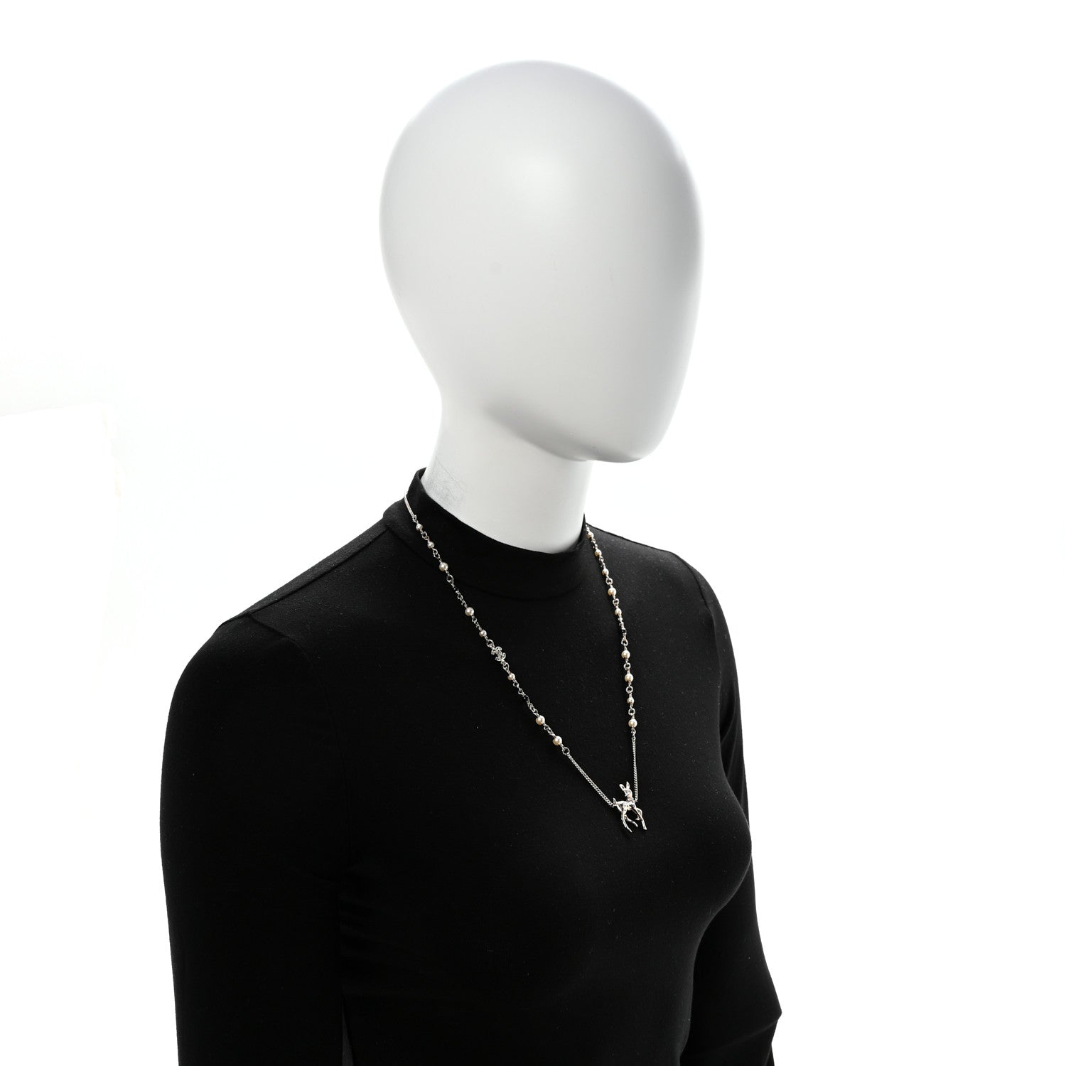 Chanel Metal Crystal Pearl Deer Pendant Necklace Green Black Gold 2 of 7