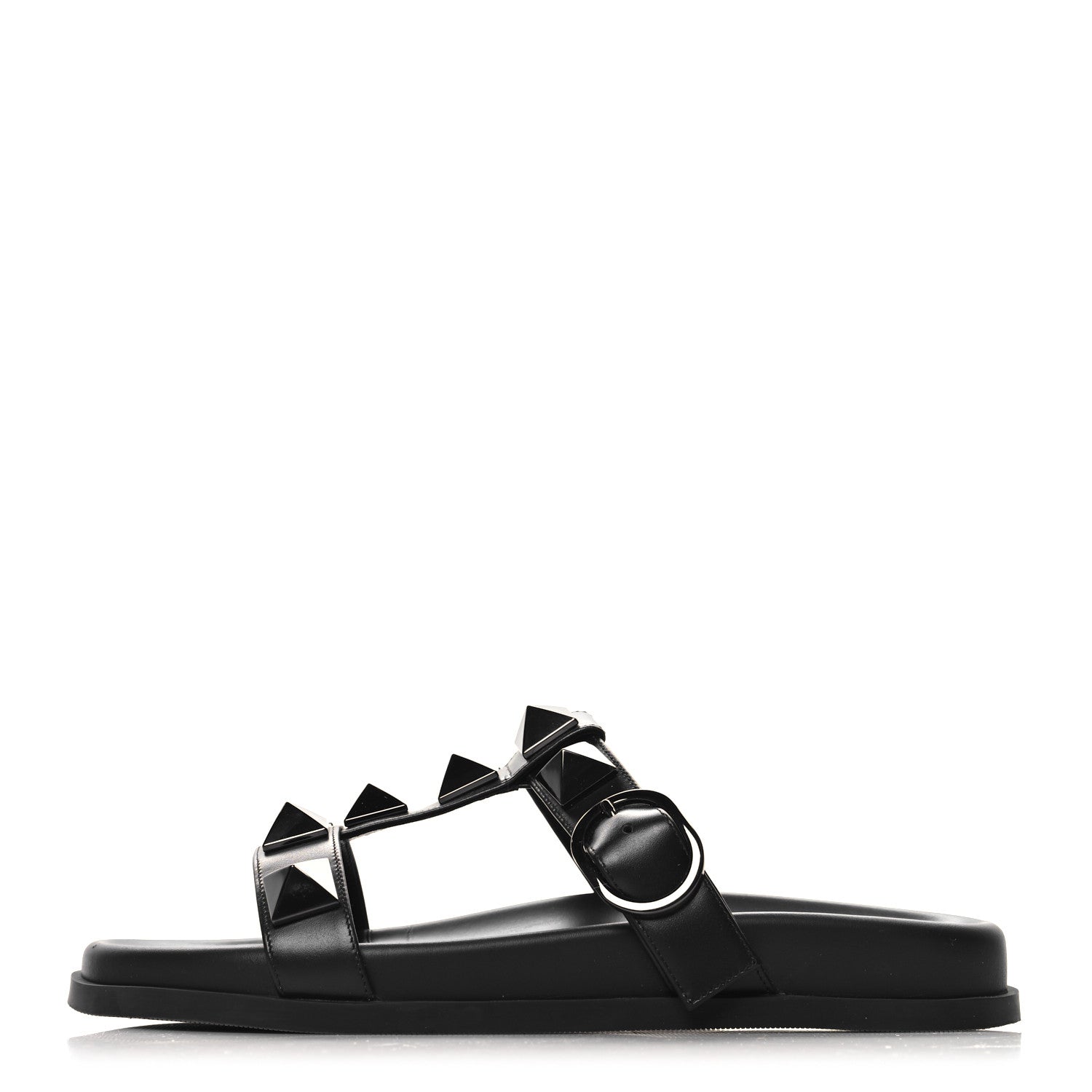 Valentino Garavani Calfskin Roman Stud Slide Sandals 37 Black 1 of 9