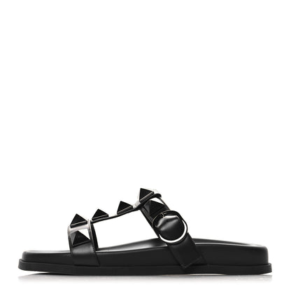 Valentino Garavani Calfskin Roman Stud Slide Sandals 37 Black 1 of 9