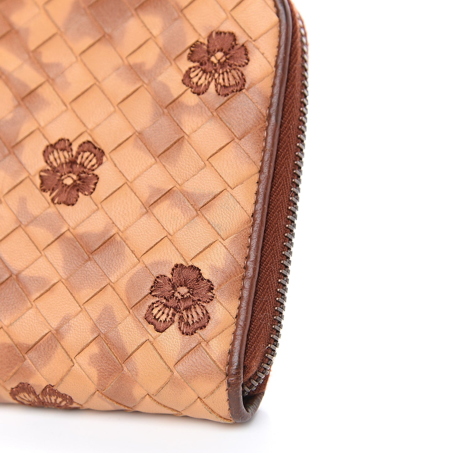 Nappa Intrecciato Floral Embroidered Zip Around Wallet Brown