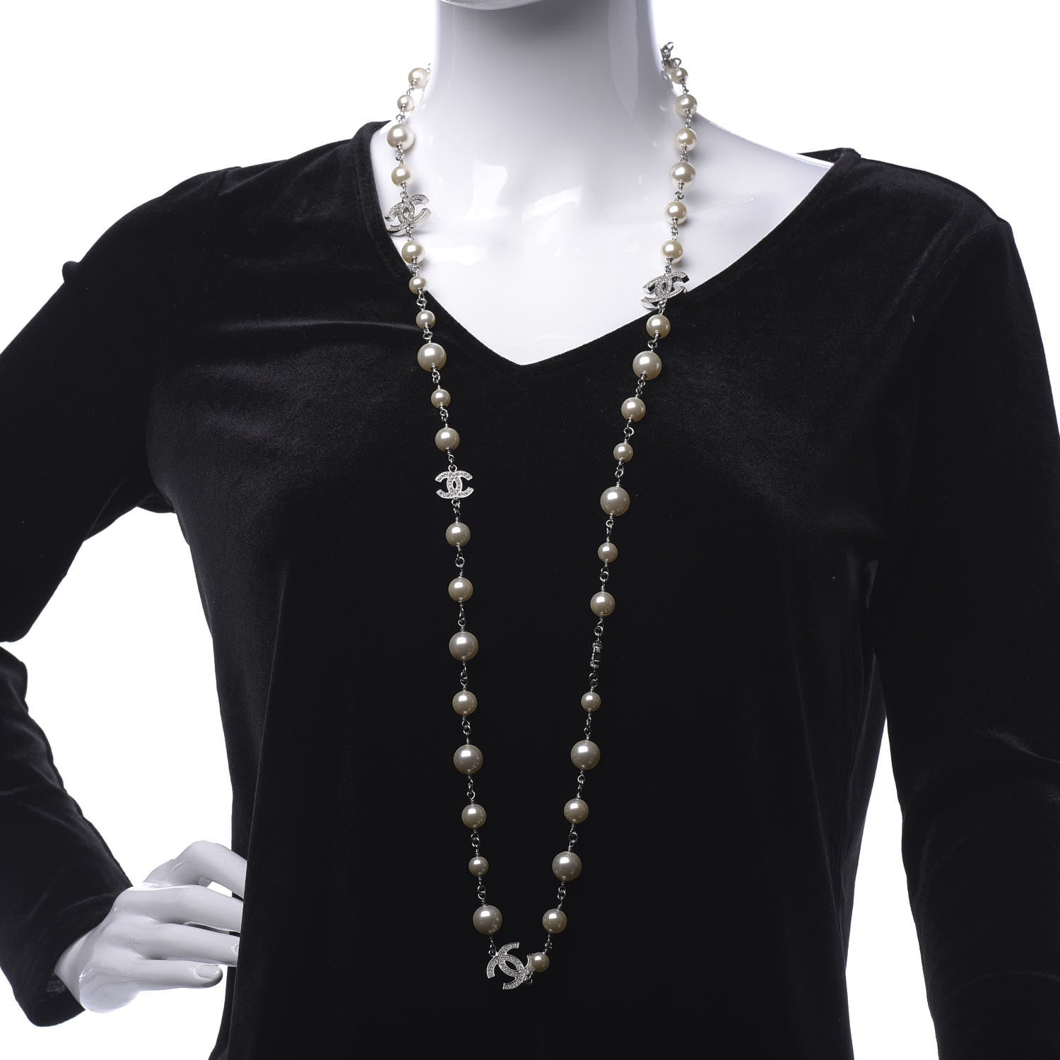 Chanel Graduated Pearl Crystal CC Long Necklace Silver 2 of 6