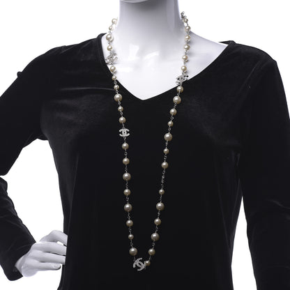 Chanel Graduated Pearl Crystal CC Long Necklace Silver 2 of 6