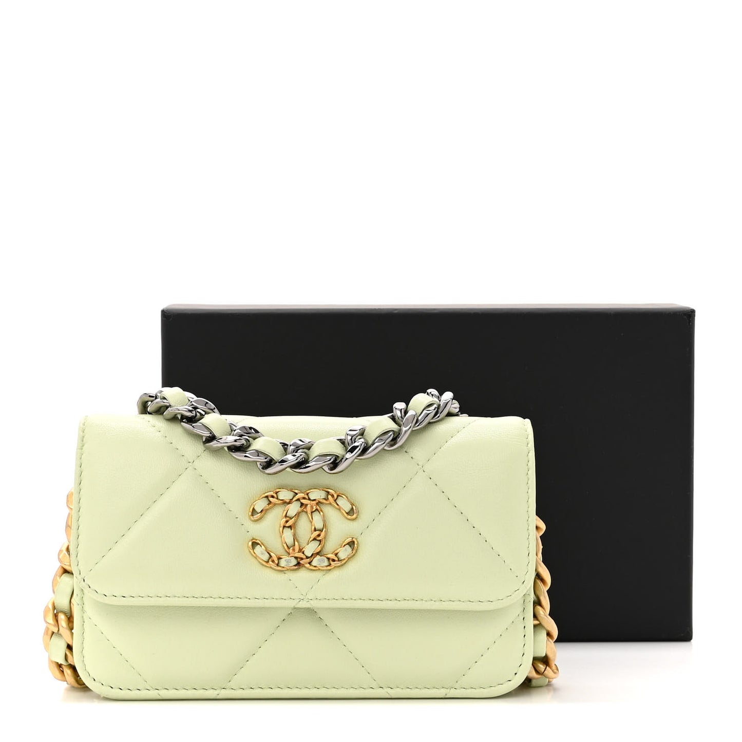 Lambskin Quilted Chanel 19 Clutch With Chain Light Green