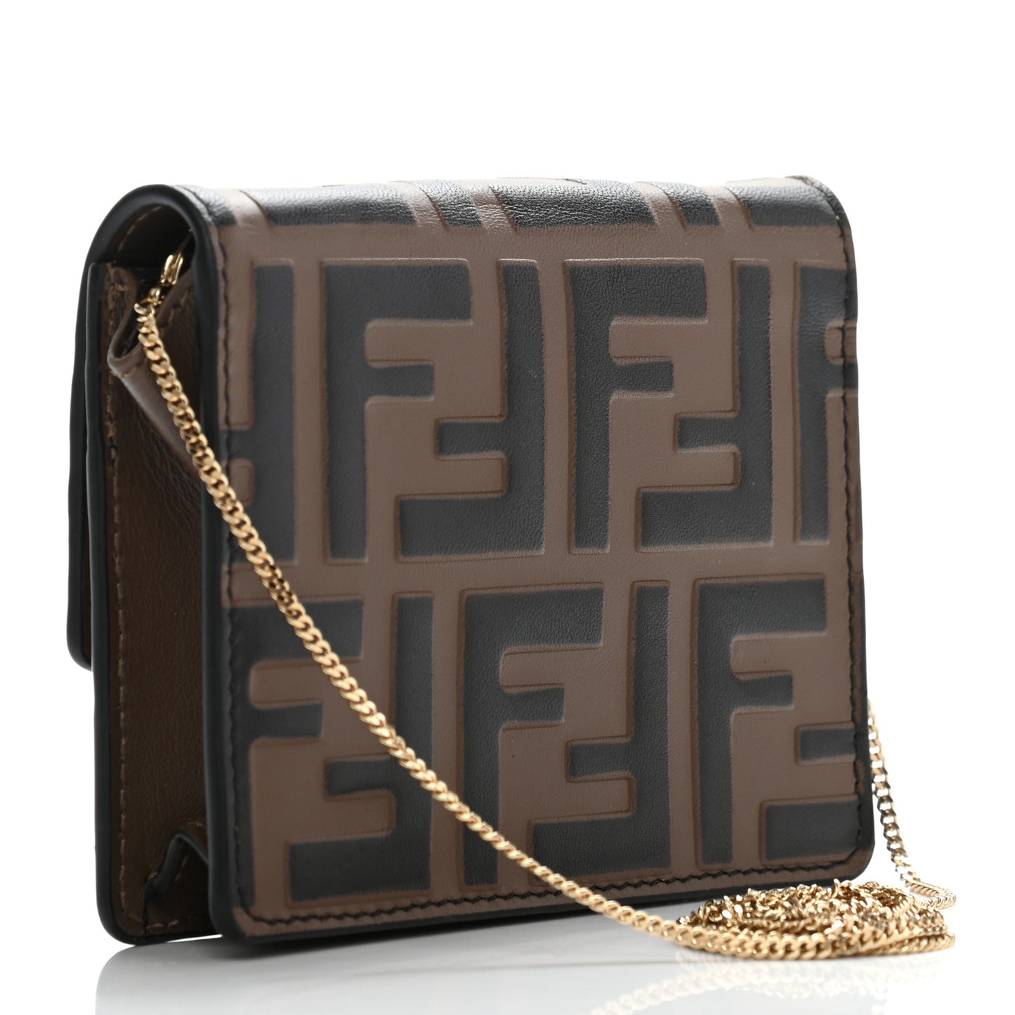 Vitello Soft F is Fendi Bi-Color FF 1974 Embossed Geometric Flap Wallet on Chain Maya Black