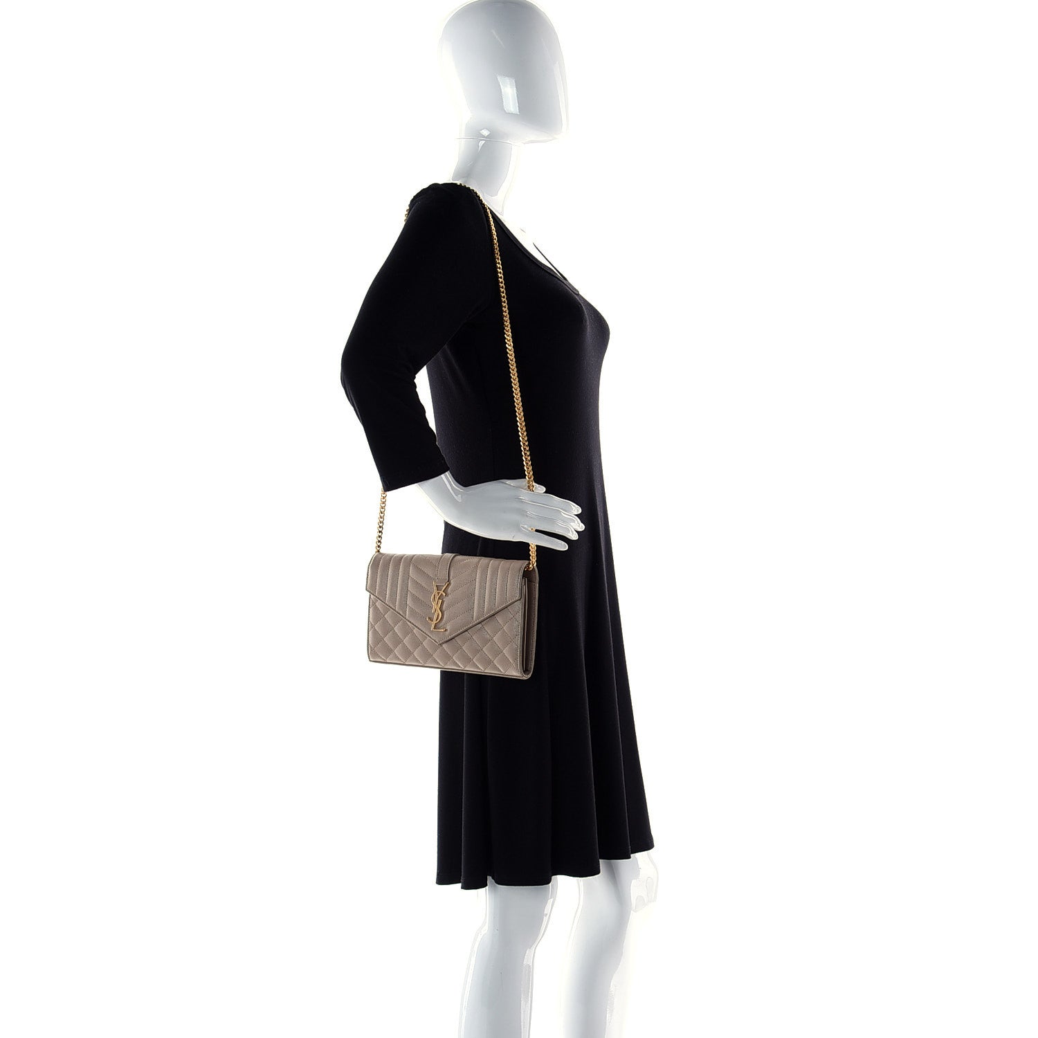 Saint Laurent Grain De Poudre Mixed Matelasse Triquilt Monogram Chain Wallet Dark Beige 3 of 11