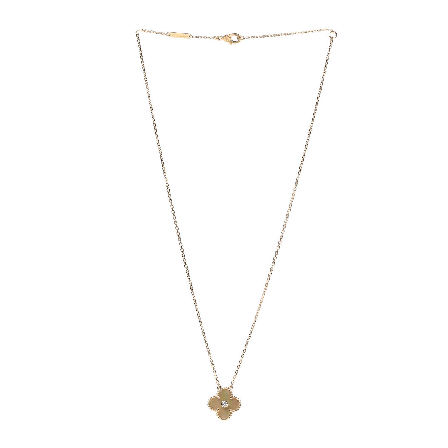 18K Yellow Gold Diamond Yellow Mother of Pearl Vintage Alhambra Pendant Necklace
