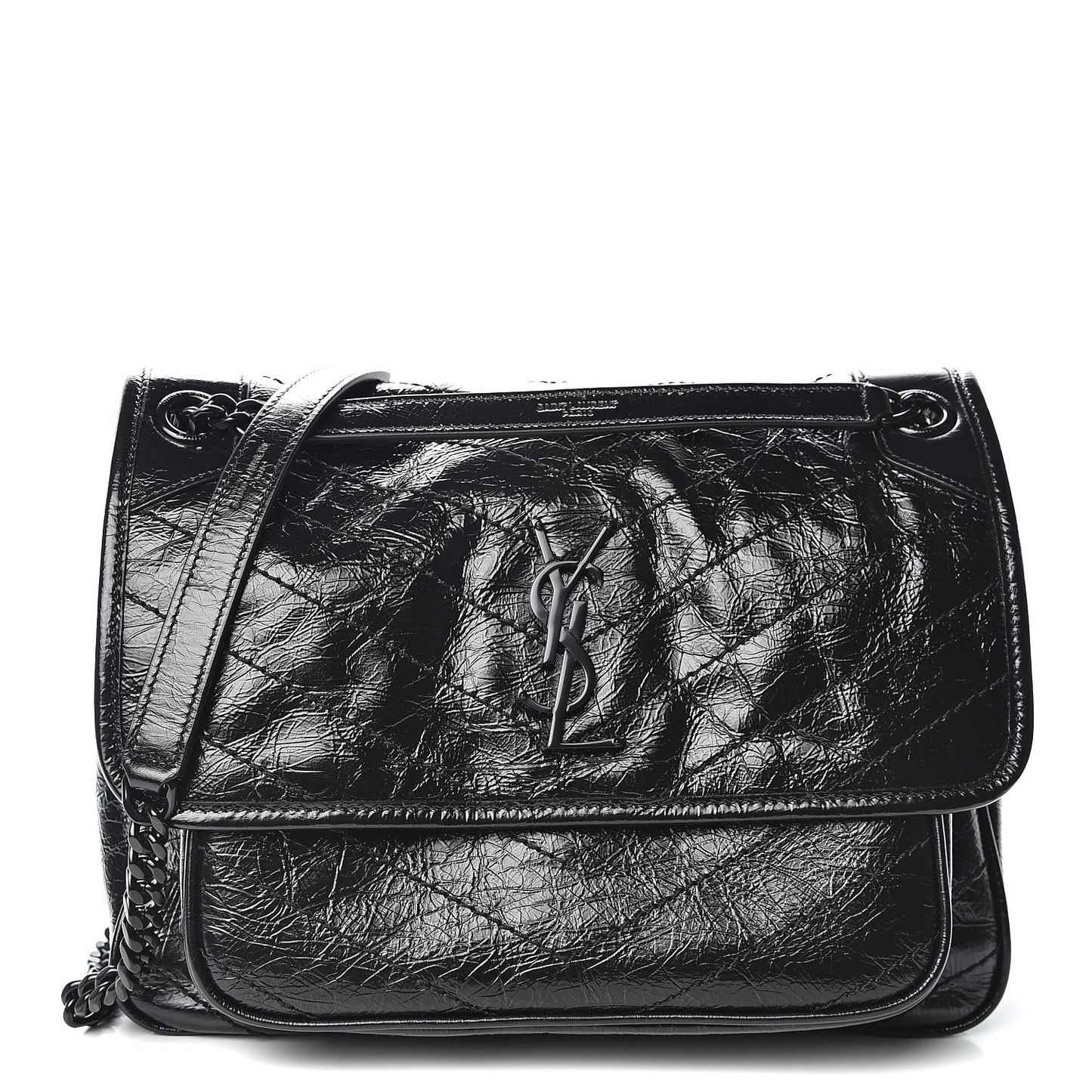 Crinkled Calfskin Matelasse Monogram Medium Niki Chain Satchel Black