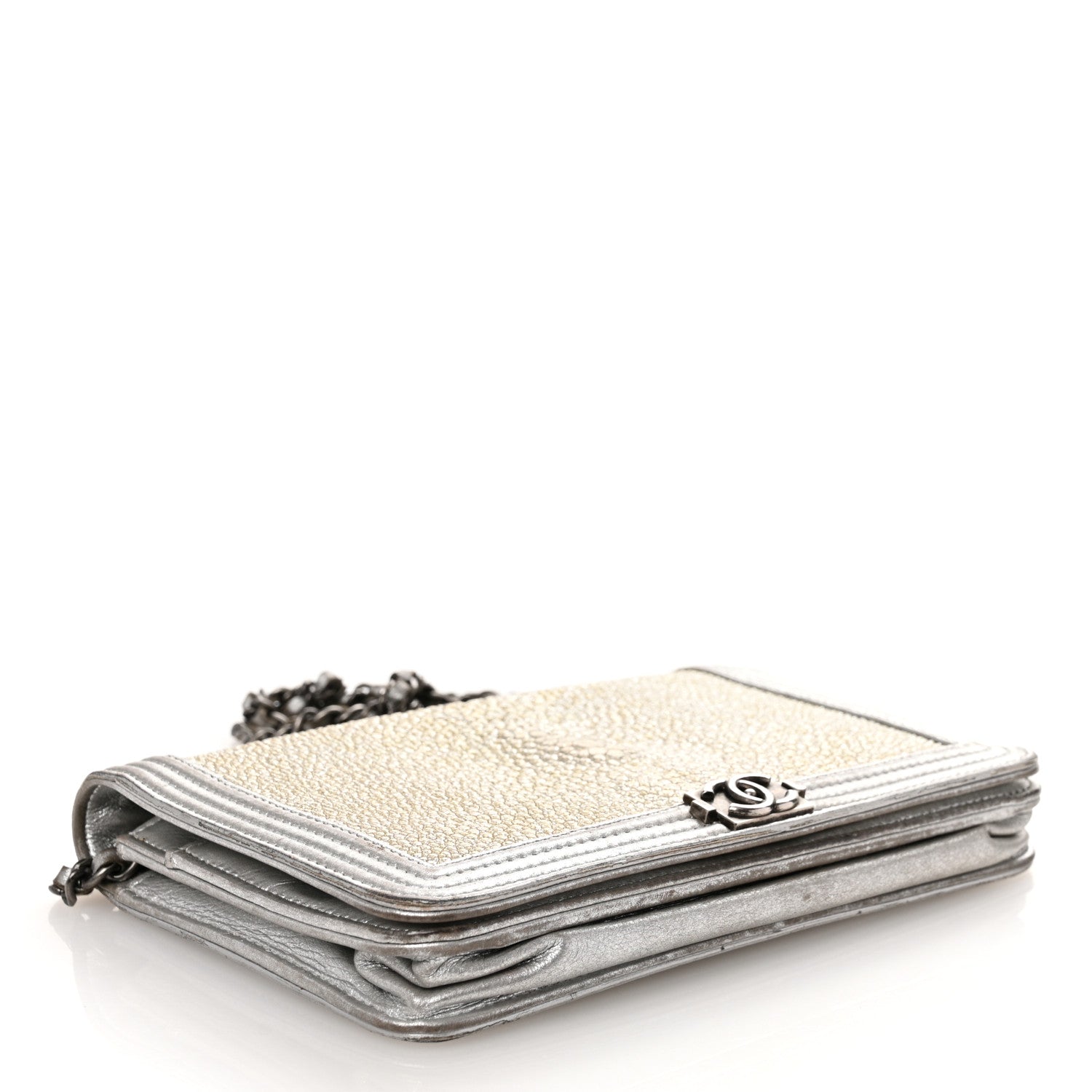 Chanel Metallic Galuchat Stingray Lambskin Boy Wallet On Chain WOC Silver 4 of 12