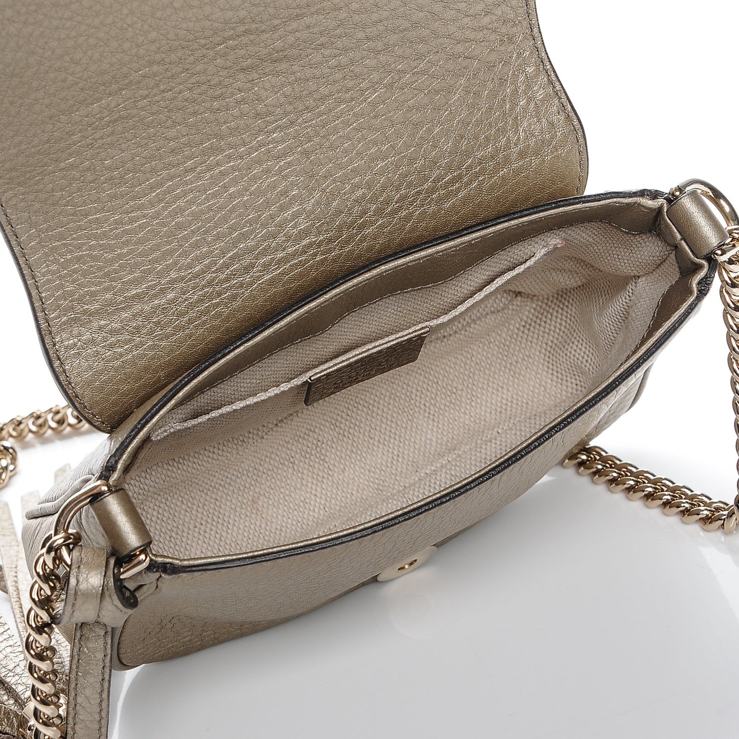 Metallic Pebbled Calfskin Small Soho Flap Crossbody Golden Beige