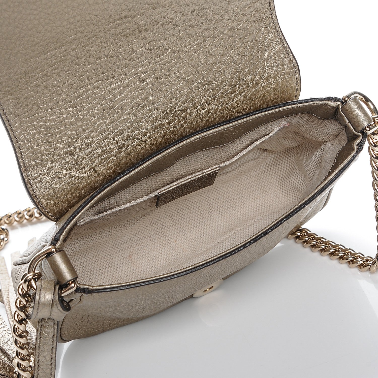 Gucci Metallic Pebbled Calfskin Small Soho Flap Crossbody Golden Beige 6 of 6