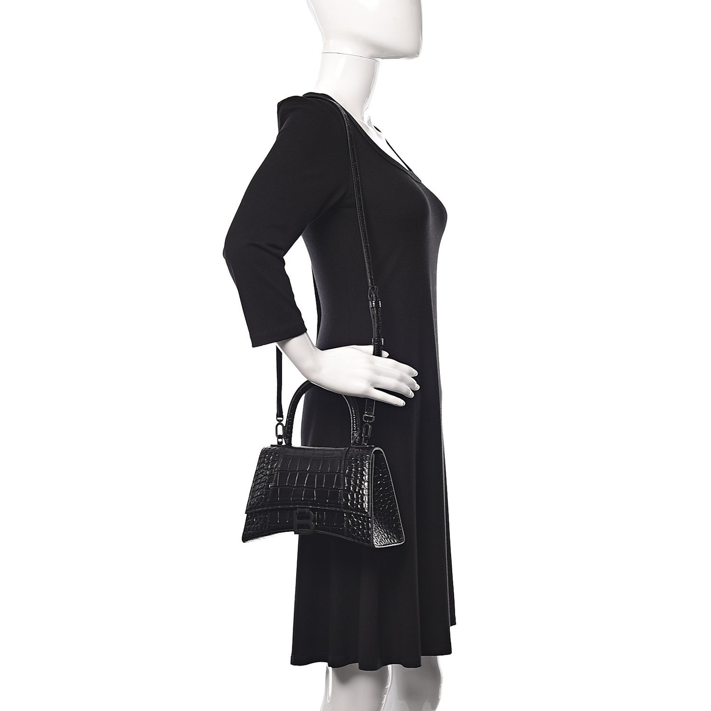 Shiny Calfskin Monochrome Crocodile Embossed Small Hourglass Top Handle Bag Black