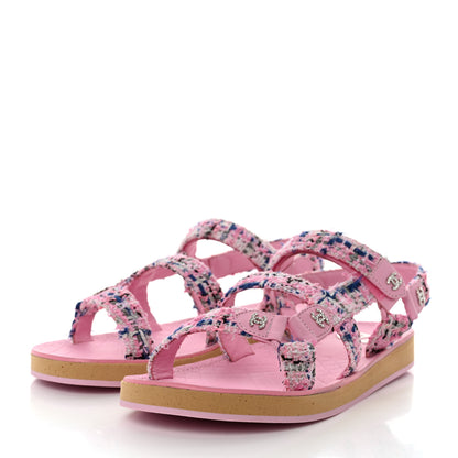 Chanel Tweed Lambskin Crystal CC Sandals 41 Pink Multicolor 3 of 9