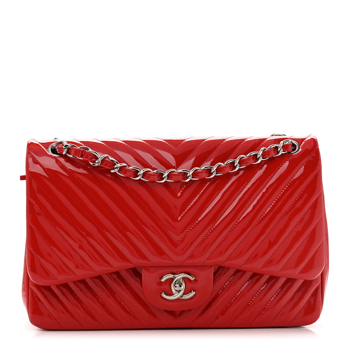 Chanel Patent Chevron Quilted Jumbo Double Flap Red 1 of 19