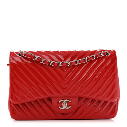 Chanel Patent Chevron Quilted Jumbo Double Flap Red 1 of 19