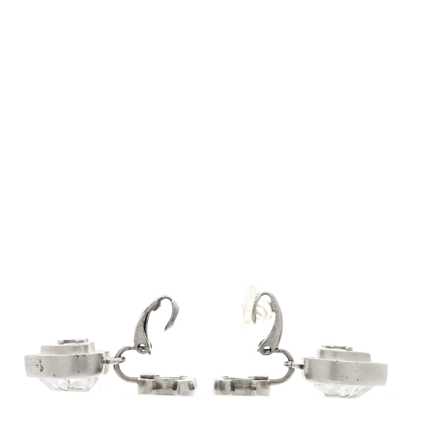 Crystal Heart CC Drop Clip On Earrings Silver
