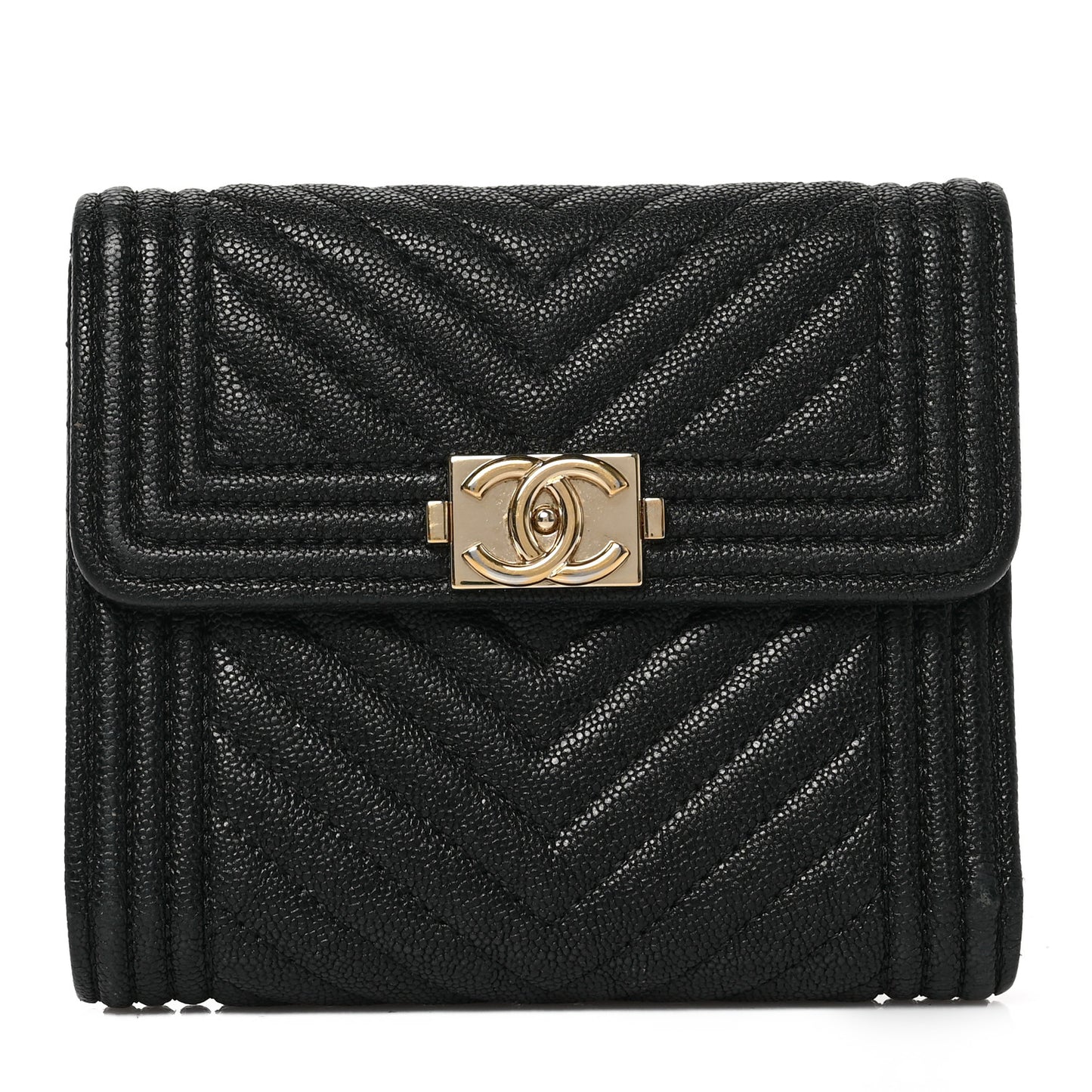 Caviar Chevron Quilted Boy Compact Wallet Black