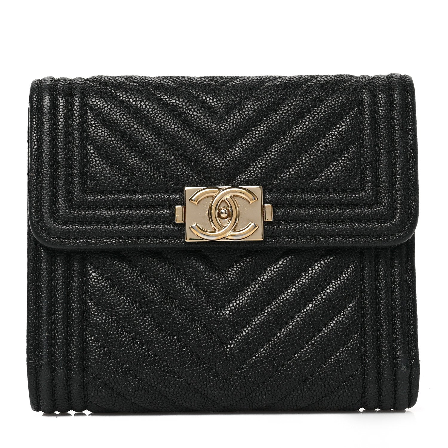 Chanel Caviar Chevron Quilted Boy Compact Wallet Black 1 of 6