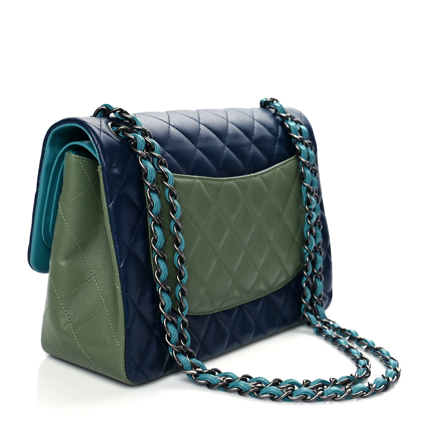 Chanel Lambskin Quilted Tri-Color Jumbo Double Flap Navy Blue Green 2 of 9