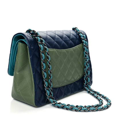 Chanel Lambskin Quilted Tri-Color Jumbo Double Flap Navy Blue Green 2 of 9