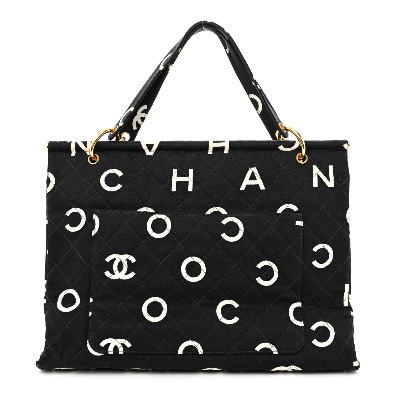 Chanel Canvas Printed Quilted Logo Tote Black White 1 of 11