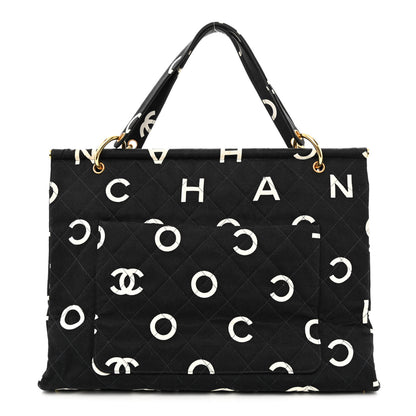 Chanel Canvas Printed Quilted Logo Tote Black White 1 of 11