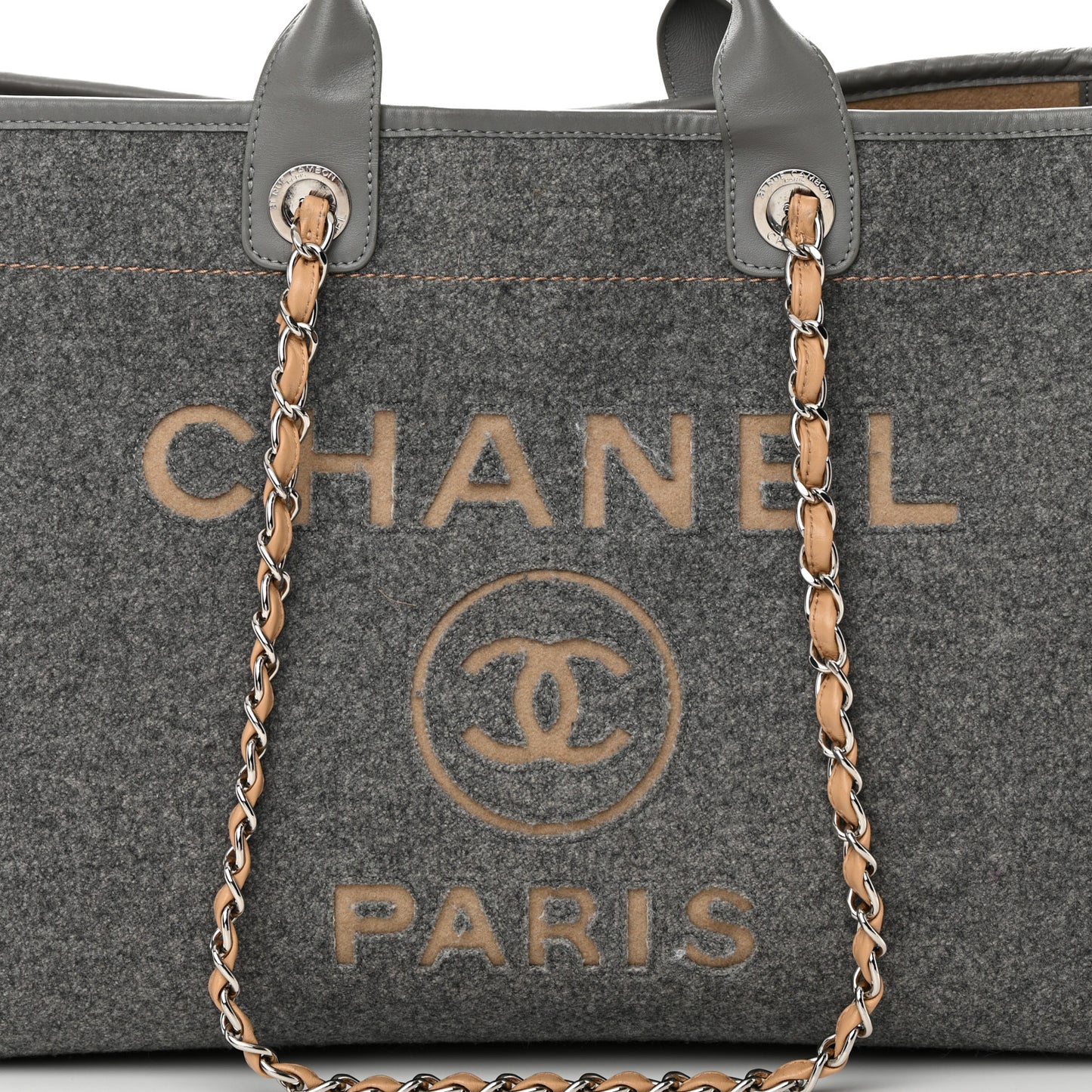 Wool Felt Calfskin Large Deauville Tote Grey Beige
