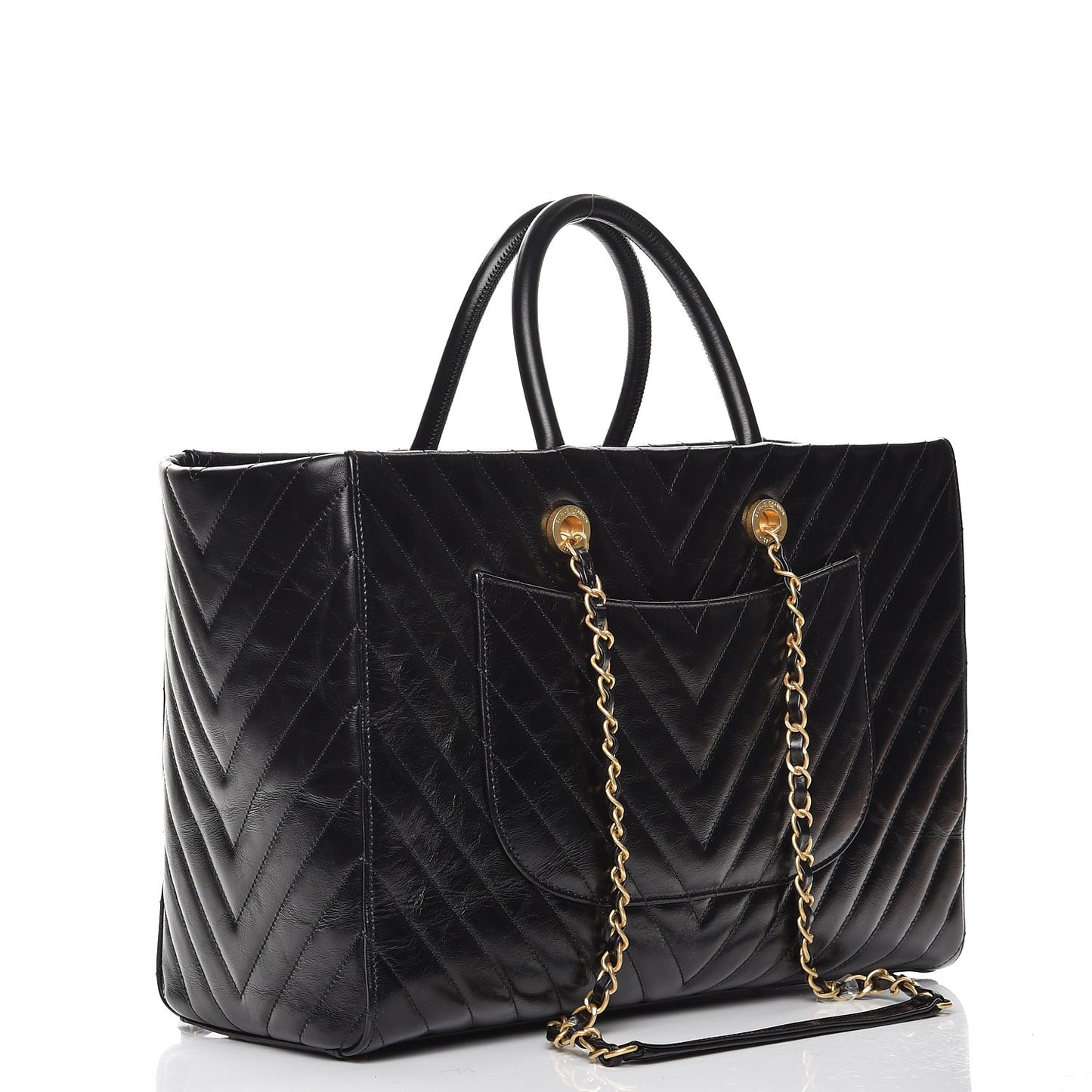 Glazed Calfskin Chevron Quilted Shopper Tote Black