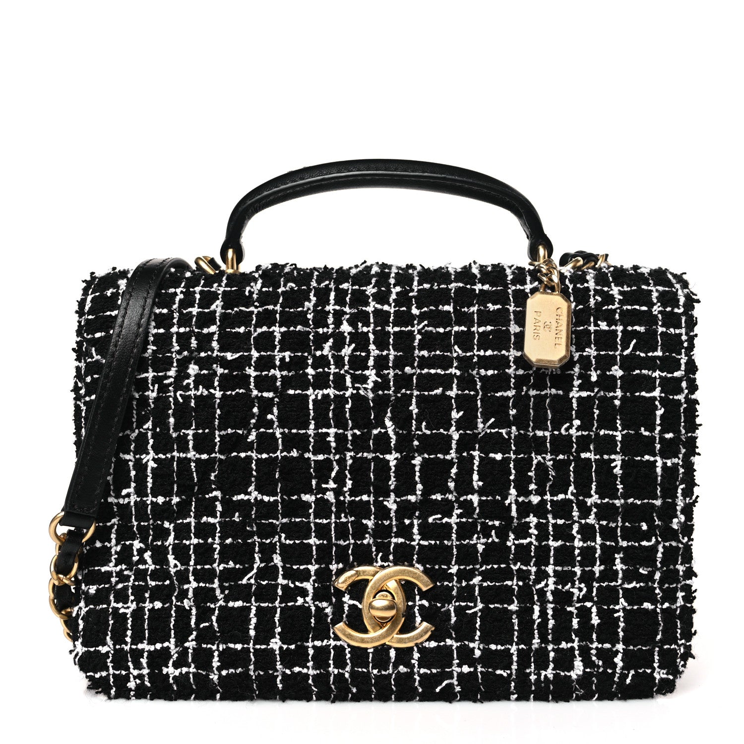 Chanel Tweed Lambskin Quilted Top Handle Flap Black White 1 of 10