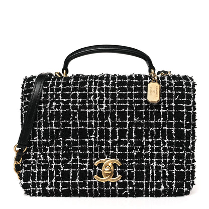 Chanel Tweed Lambskin Quilted Top Handle Flap Black White 1 of 10