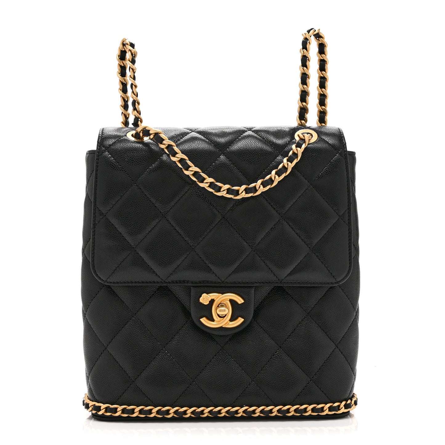 Caviar Quilted Camellia Chain Around Backpack Black